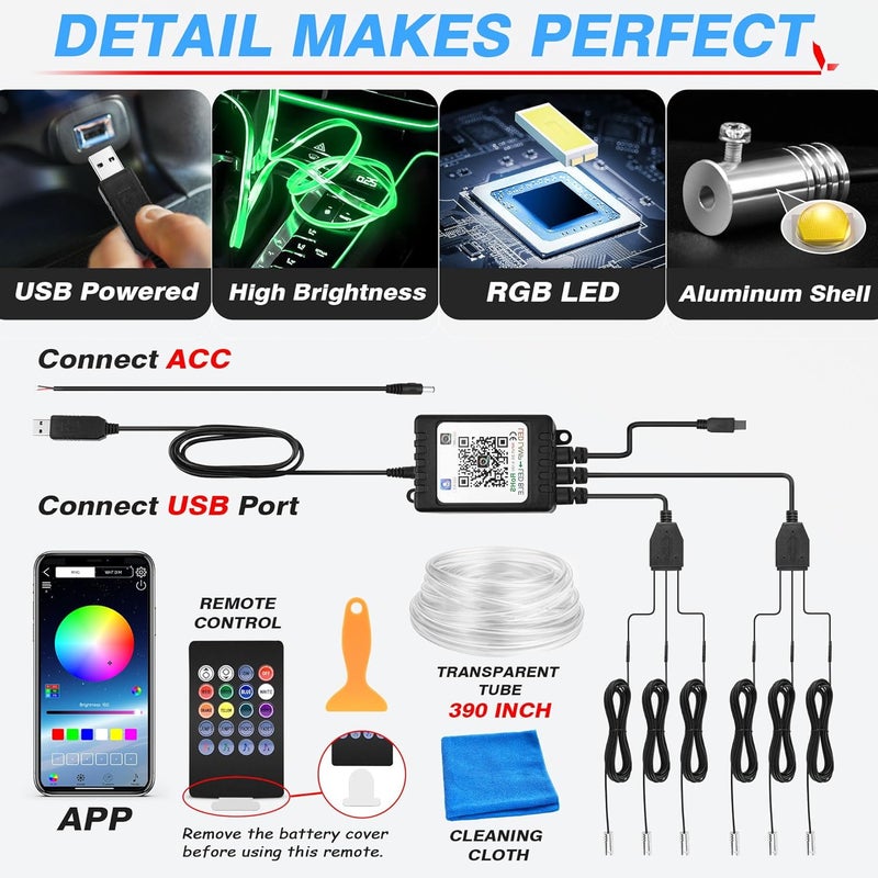 MICTUNING Car LED Interior Strip Light, 6 in 1 RGB Multicolor with 390 inches Fiber Optic Ambient Lighting Kits with Remote and APP Control, Car USB LED Strip Lights with Music Sync Mode - Image 5